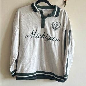 Michigan Long-Sleeve Rugby Polo Shirt in White and Forest Green